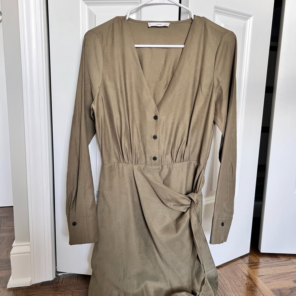 Mango Olive Long Sleeve Wrap Dress